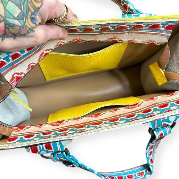 DANCING CACTUS DESIGNS Yellow Leather & Cowhide Tote Bag with Removable Strap - Picture 7 of 10